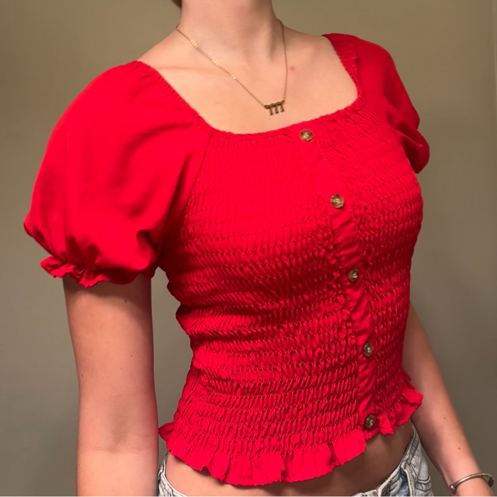 Red ruched peasant top